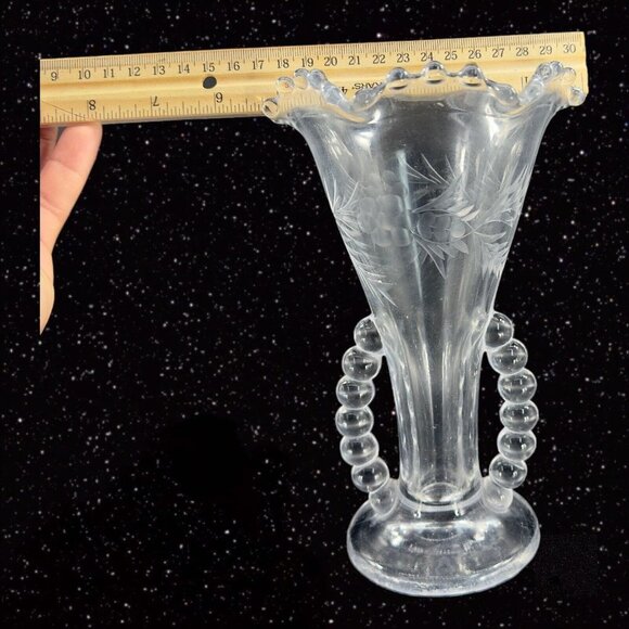 Imperial Candlewick Clear Flower Vase Ruffled Rim Etched Flowers Clear Vintage - Picture 3 of 12